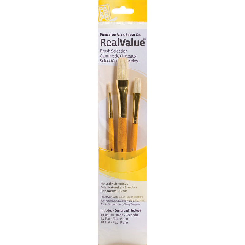Realvalue Brush Set 3ct Ylw W/flat Natural Hair Bristle