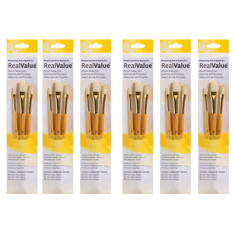 RealValue Brush Set, Natural Bristles, Short Handle Mixed Media Paintbrush, Yellow, 3 Per Set, 6 Sets
