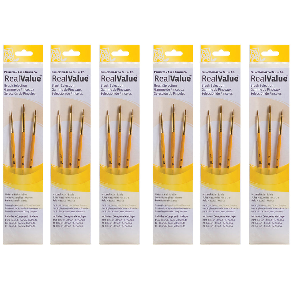RealValue Round Brush Set, Camel Bristles, Short Handle Mixed Media Paintbrush, Yellow, 3 Per Set, 6 Sets