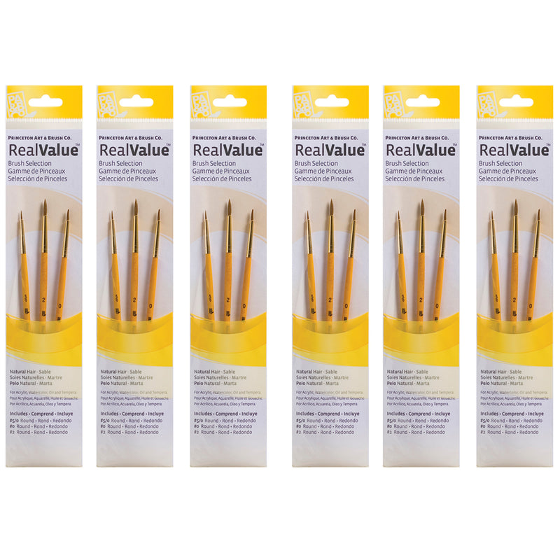 RealValue Round Brush Set, Camel Bristles, Short Handle Mixed Media Paintbrush, Yellow, 3 Per Set, 6 Sets
