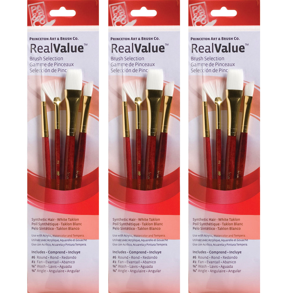 RealValue Brush Set, White Taklon Bristles, Short Handle Mixed Media Paintbrush, Red, 4 Per Set, 3 Sets