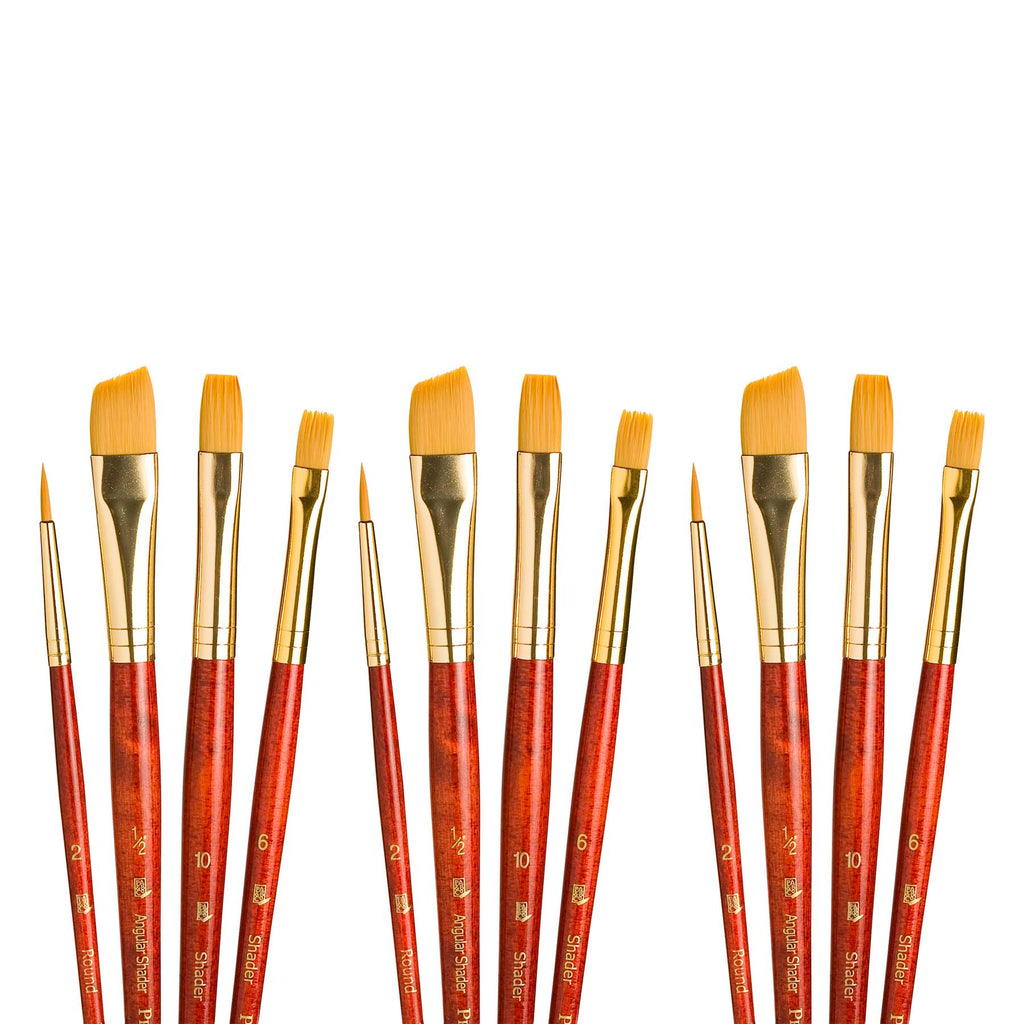 RealValue Brush Set, Gold Taklon Bristles, Short Handle Mixed Media Paintbrush, Red, 4 Per Set, 3 Sets