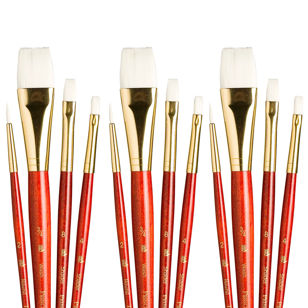 RealValue Brush Set, White Taklon Bristles, Short Handle Mixed Media Paintbrush, Red, 4 Per Set, 3 Sets