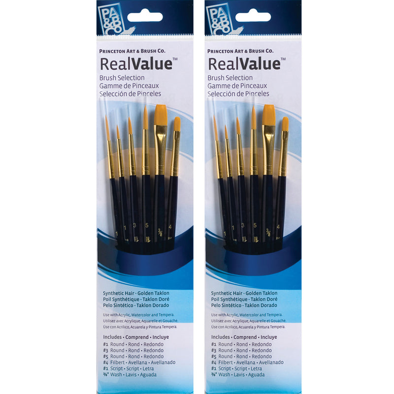 RealValue Brush Set, Gold Taklon Bristles, Short Handle Mixed Media Paintbrush, Dark Blue, 6 Per Set, 2 Sets