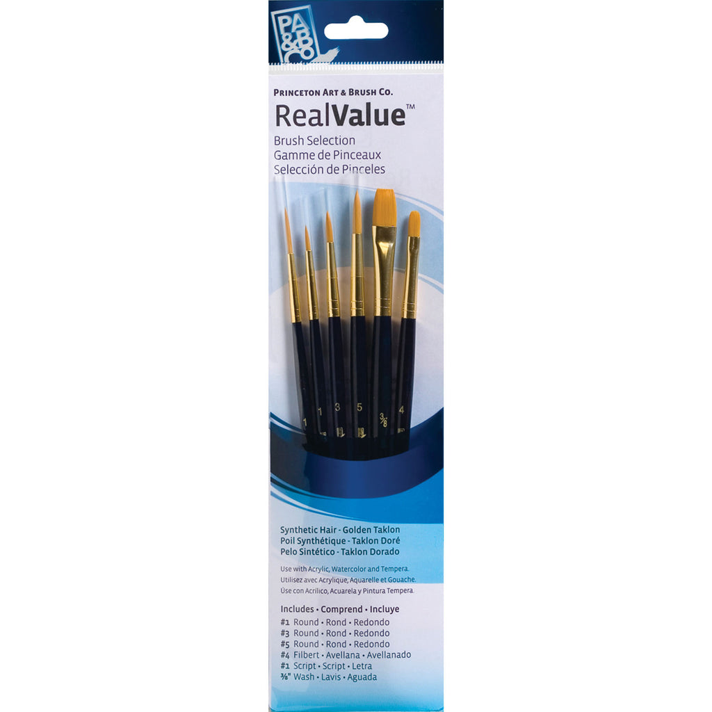 Realvalue Brush Set 6ct Dk Blue Gold Taklon Bristles