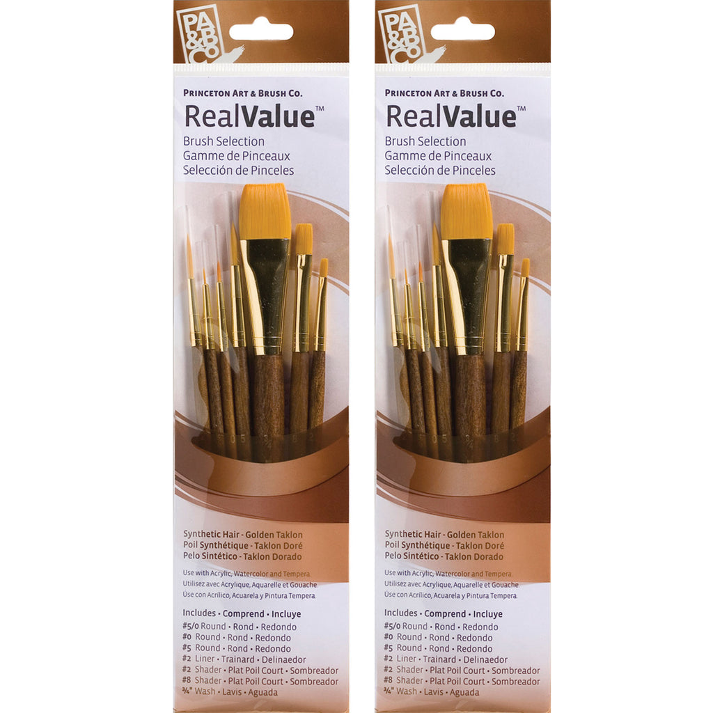 RealValue Brush Set, Gold Taklon Bristles, Short Handle Mixed Media Paintbrush, Brown, 7 Per Set, 2 Sets