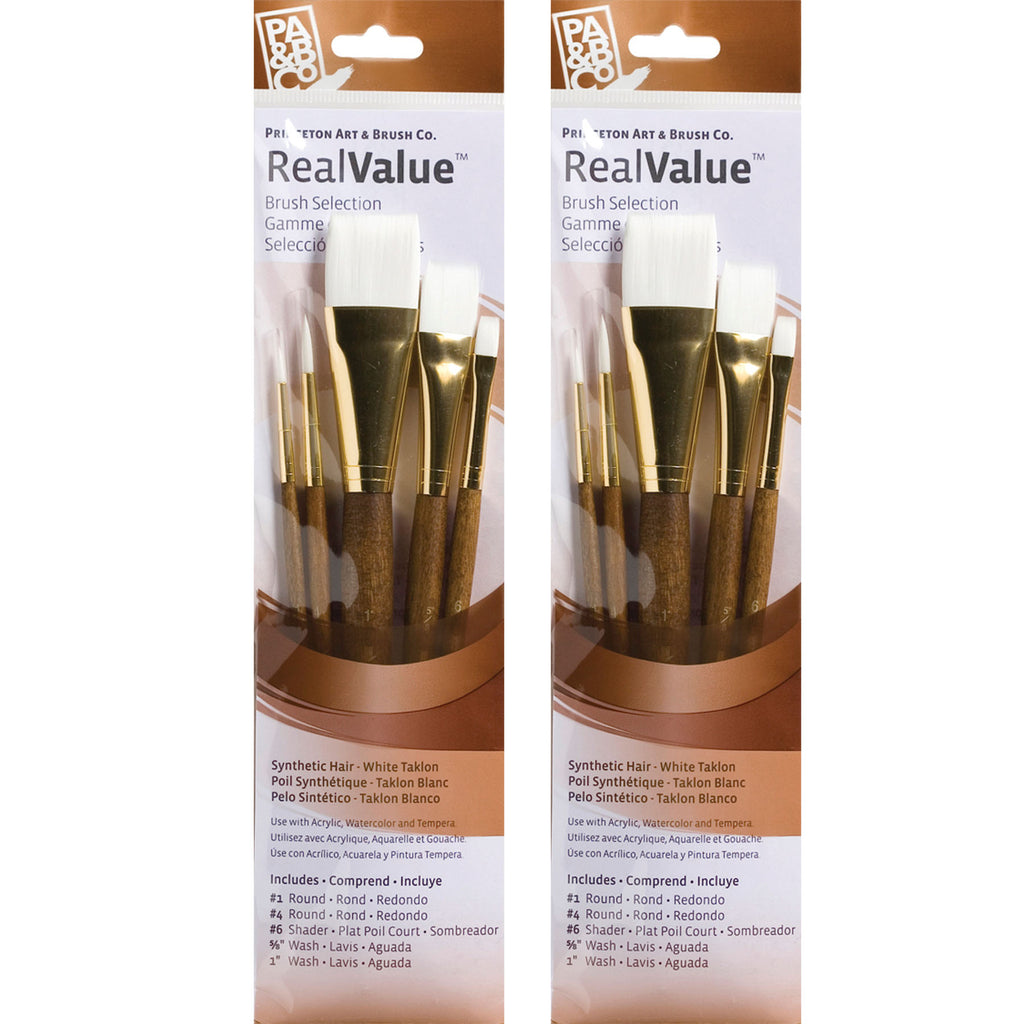 RealValue Brush Set, White Taklon Bristles, Short Handle Mixed Media Paintbrush, Brown, 5 Per Set, 2 Sets