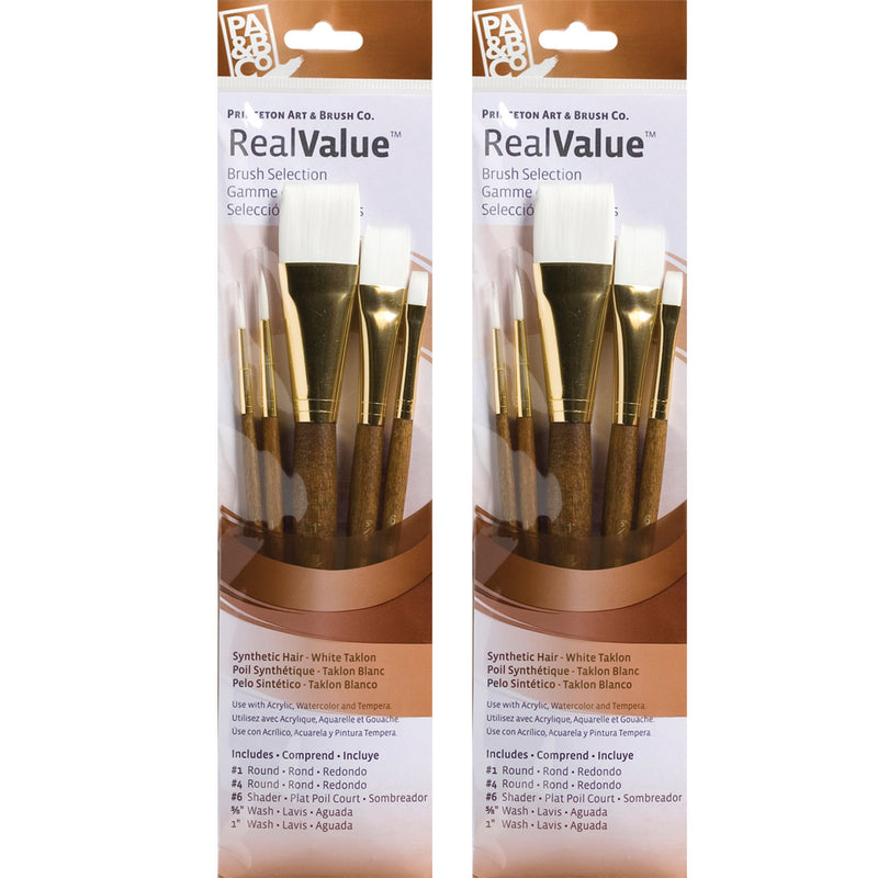 RealValue Brush Set, White Taklon Bristles, Short Handle Mixed Media Paintbrush, Brown, 5 Per Set, 2 Sets