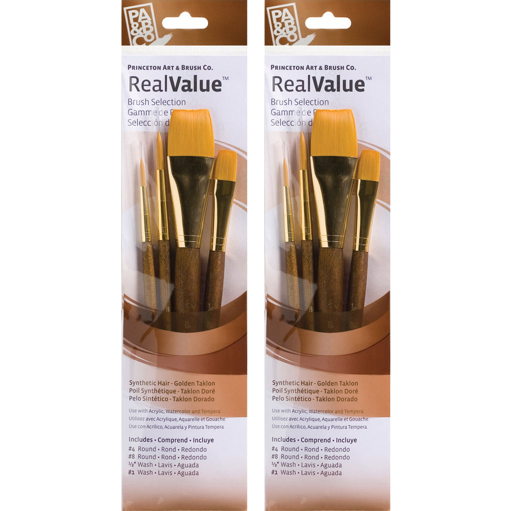 RealValue Brush Set, Gold Taklon Bristles, Short Handle Mixed Media Paintbrush, Brown, 4 Per Set, 2 Sets