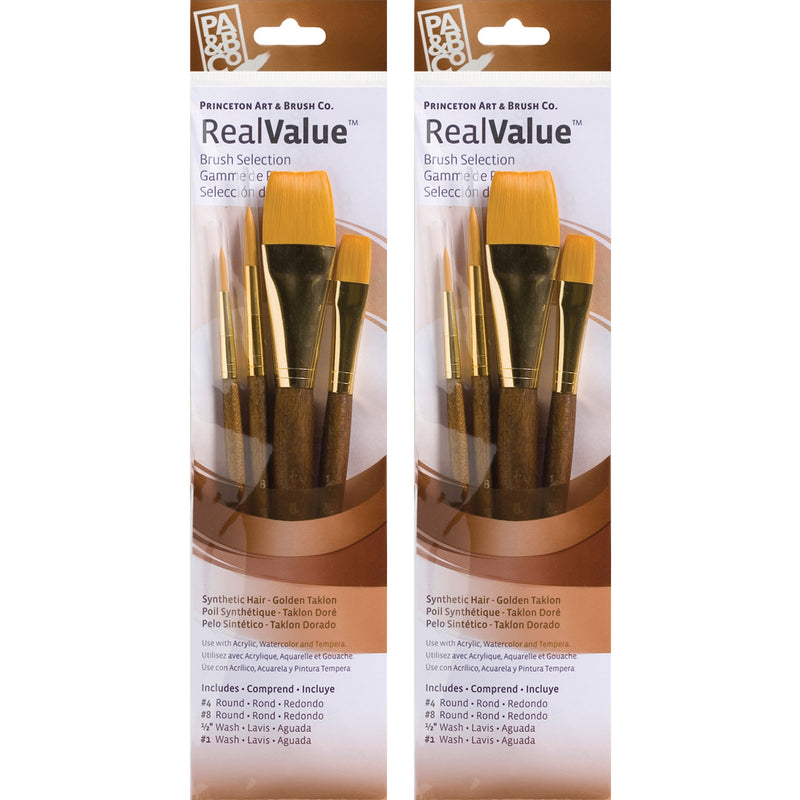 RealValue Brush Set, Gold Taklon Bristles, Short Handle Mixed Media Paintbrush, Brown, 4 Per Set, 2 Sets