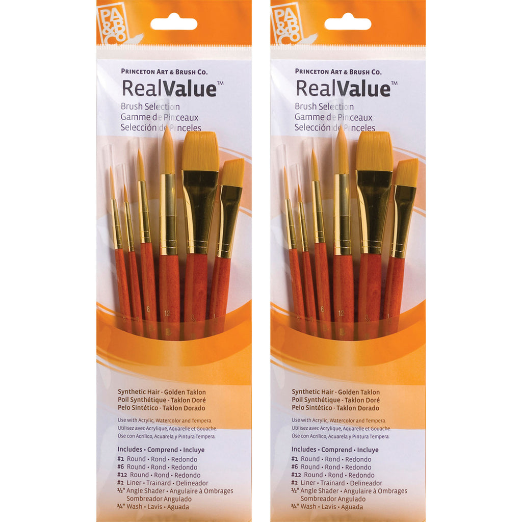 RealValue Brush Set, Gold Taklon Bristles, Short Handle Mixed Media Paintbrush, Orange, 6 Per Set, 2 Sets