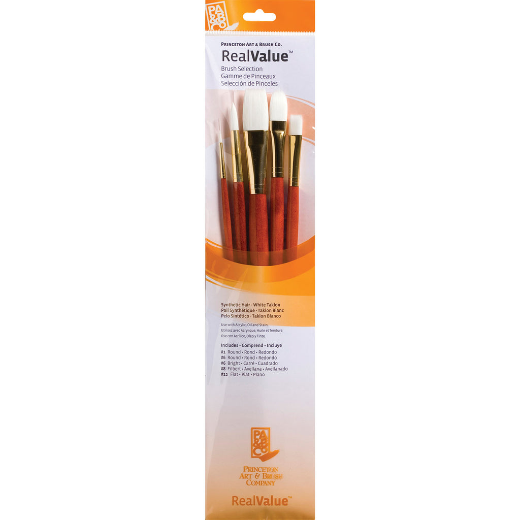 Realvalue Brush Set 5ct Long Orange White Taklon Bristles