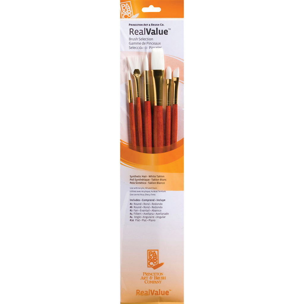 Realvalue Brush Set 6ct Long Orange White Taklon Bristles