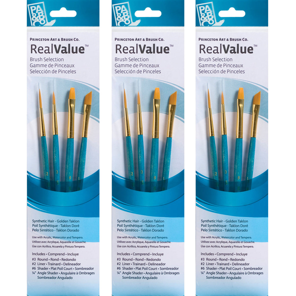 RealValue Brush Set, Gold Taklon Bristles, Short Handle Mixed Media Paintbrush, Blue, 4 Per Set, 3 Sets