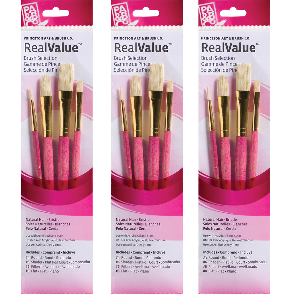 RealValue Brush Set, Natural Bristles, Short Handle Mixed Media Paintbrush, Pink, 4 Per Set, 3 Sets