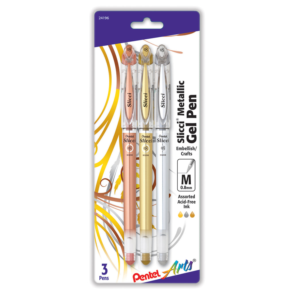 Slicci 0.8mm Ndl Tip Md Gel Pen 3pk Pentel Arts Metallic E/x/z