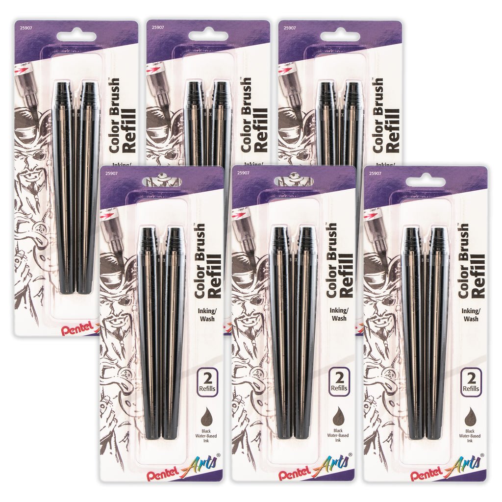 Color Brush Water-Based Ink Refills, Black Ink, 2 Per Pack, 6 Packs