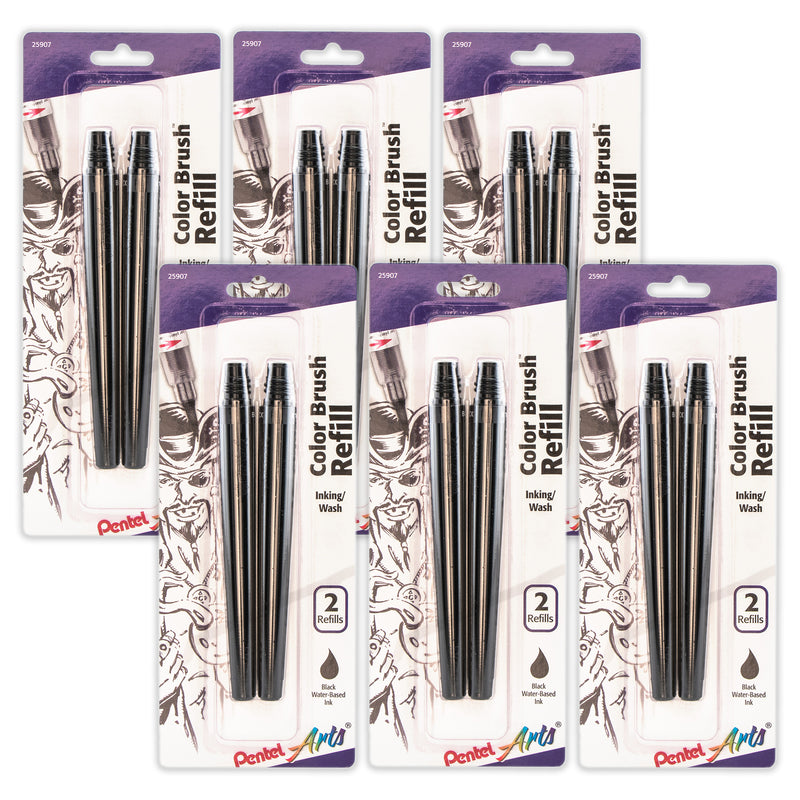 Color Brush Water-Based Ink Refills, Black Ink, 2 Per Pack, 6 Packs