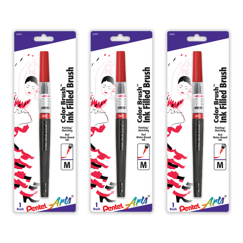 Color Brush with Water-Based Ink, Medium Tip, Red, Pack of 3