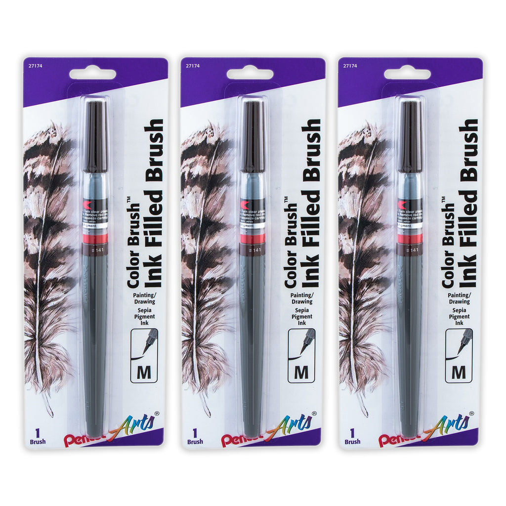 Color Brush with Pigment Ink, Medium Tip, Sepia, Pack of 3