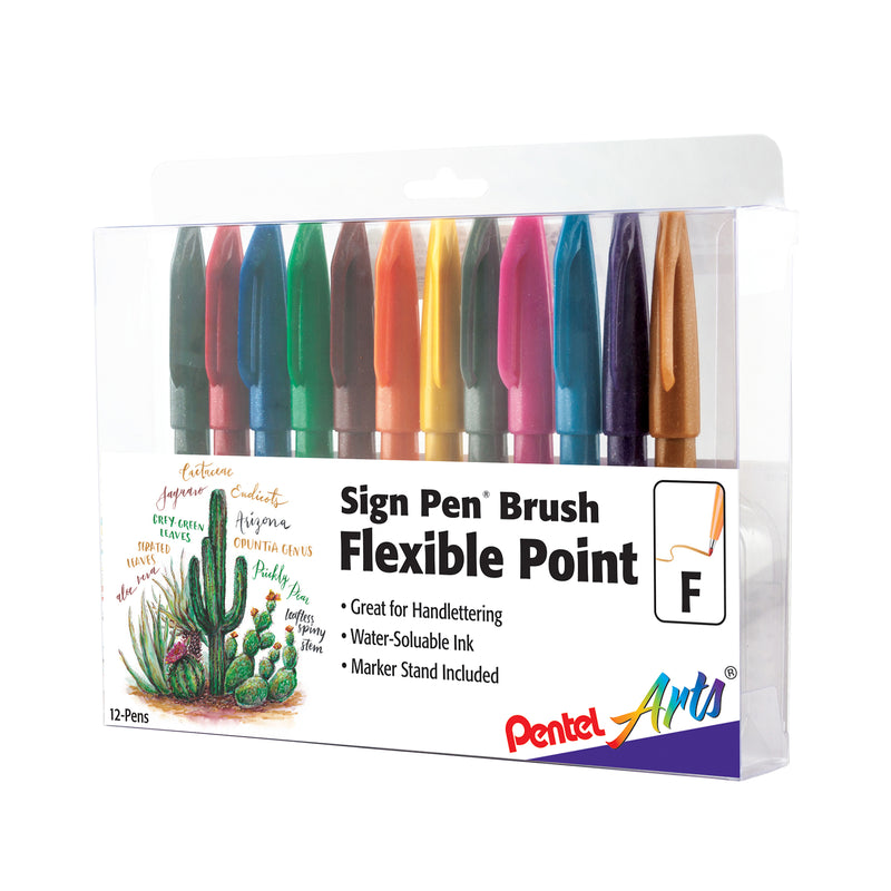 Sign Pen Brush Tip, Assorted Ink Colors, 12-Pack in Plastic Box