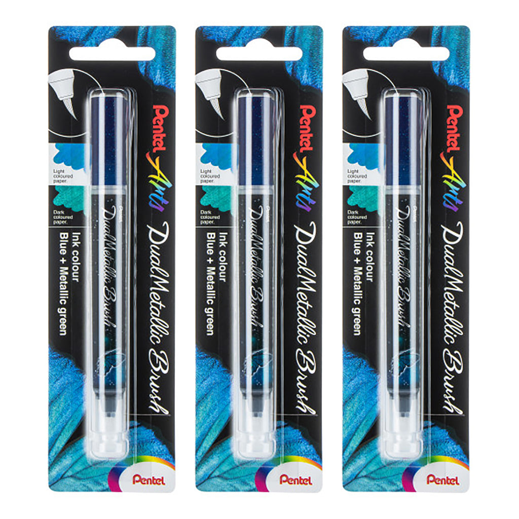 DualMetallic Brush, Blue/Metallic Green Ink, Pack of 3