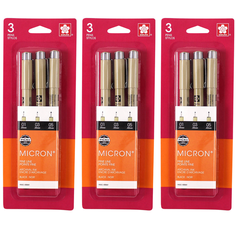 Pigma Micron Pens, Black, Assorted Sizes, 3 Per Pack, 3 Packs