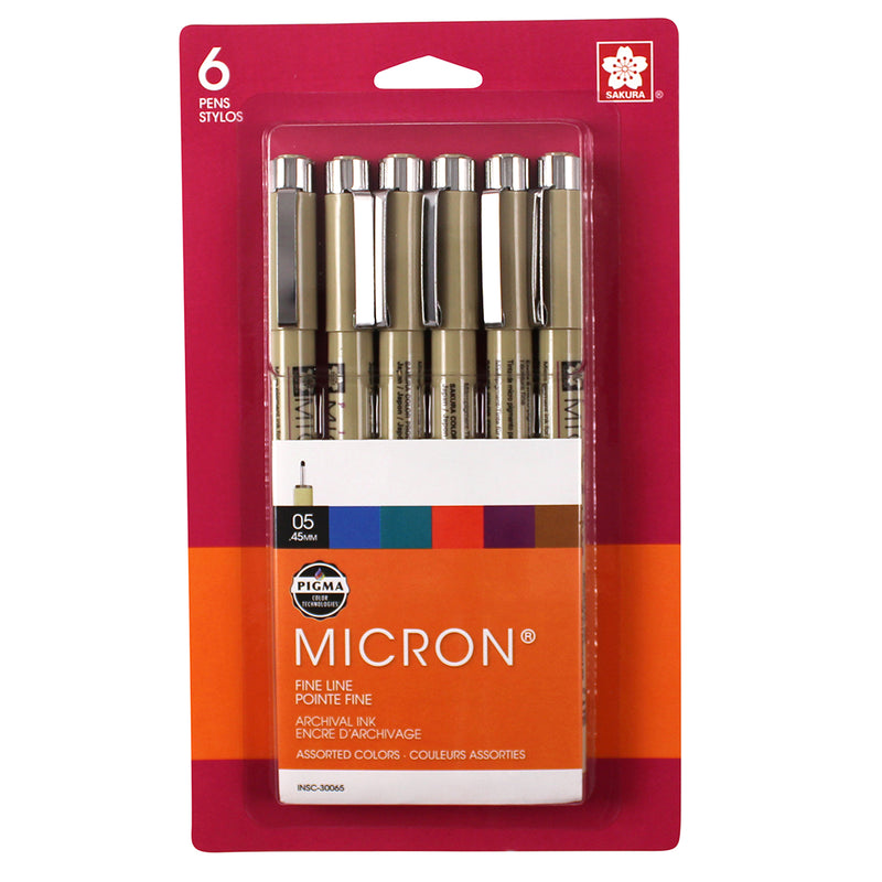Pigma Micron Pens, Size 05, Assorted Colors, 6-Piece Set, Blister Card