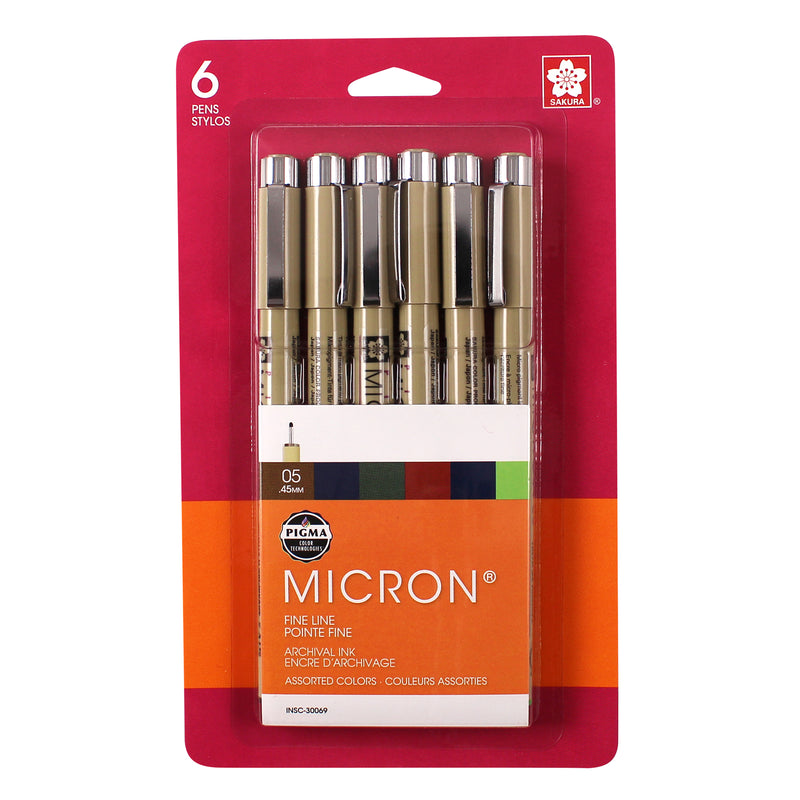 Pigma Micron Pens, Size 05, Assorted Heritage/Earth Colors, 6-Piece Set, Blister Card