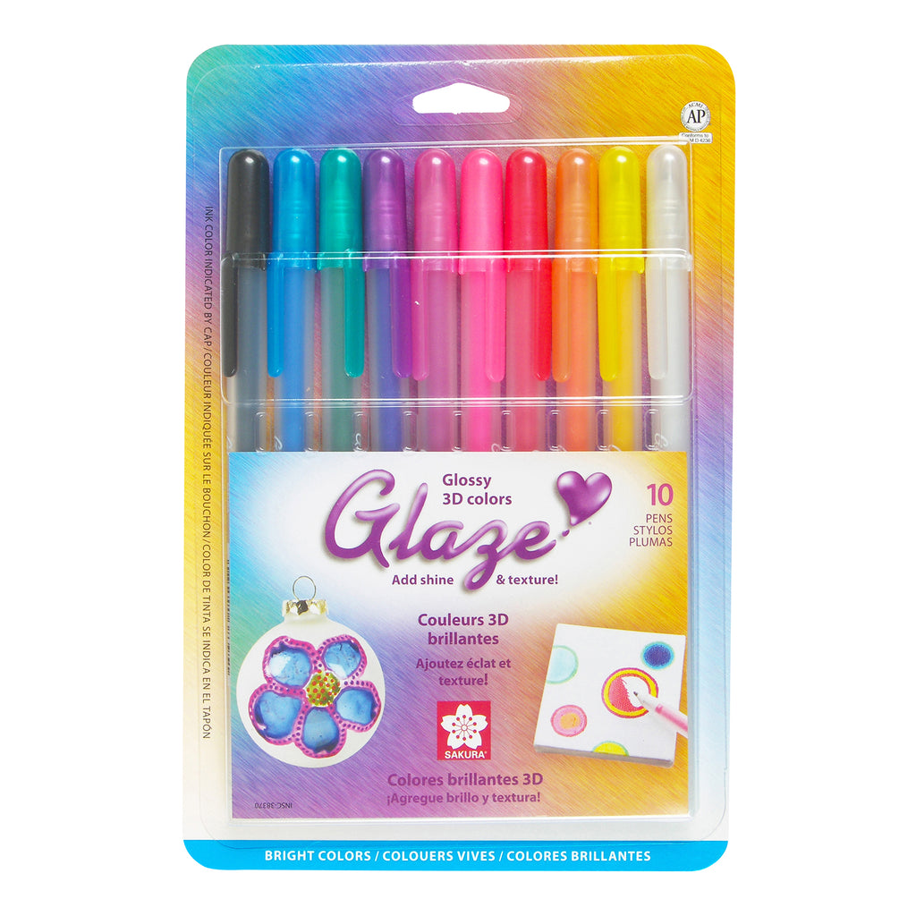 Glaze, 3D Embossed Ink Pens, Assorted Bright Colors, 10-Piece Set, Blister Card
