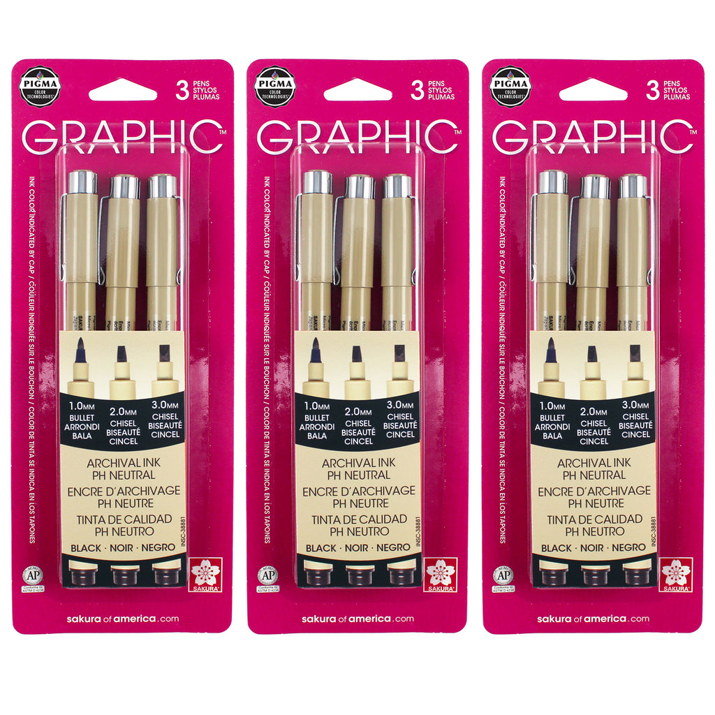 Pigma Graphic Pens, Black, Assorted Tips, 3 Per Pack, 3 Packs
