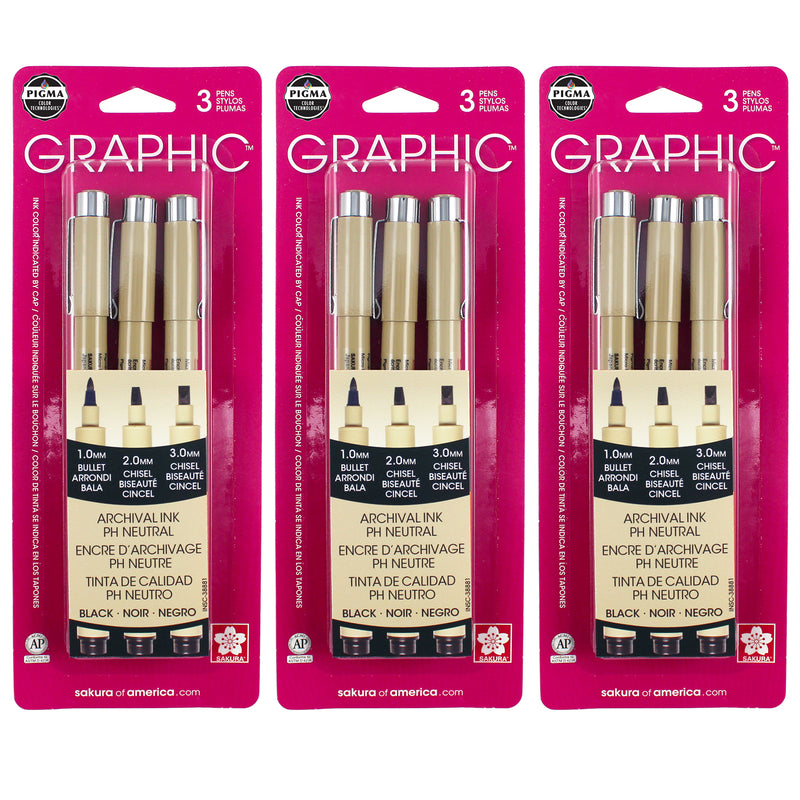 Pigma Graphic Pens, Black, Assorted Tips, 3 Per Pack, 3 Packs