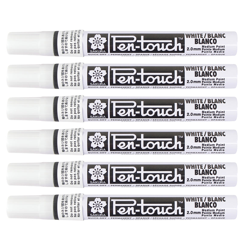 Pen-Touch Markers, 2.0mm Medium, White, Pack of 6