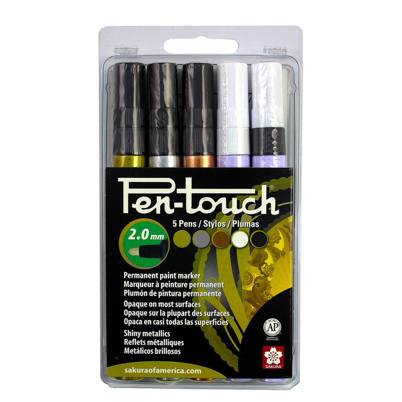 Pen-Touch Markers, 2.0mm Medium, Assorted Colors, 5-Piece Set, Clamshell Pack