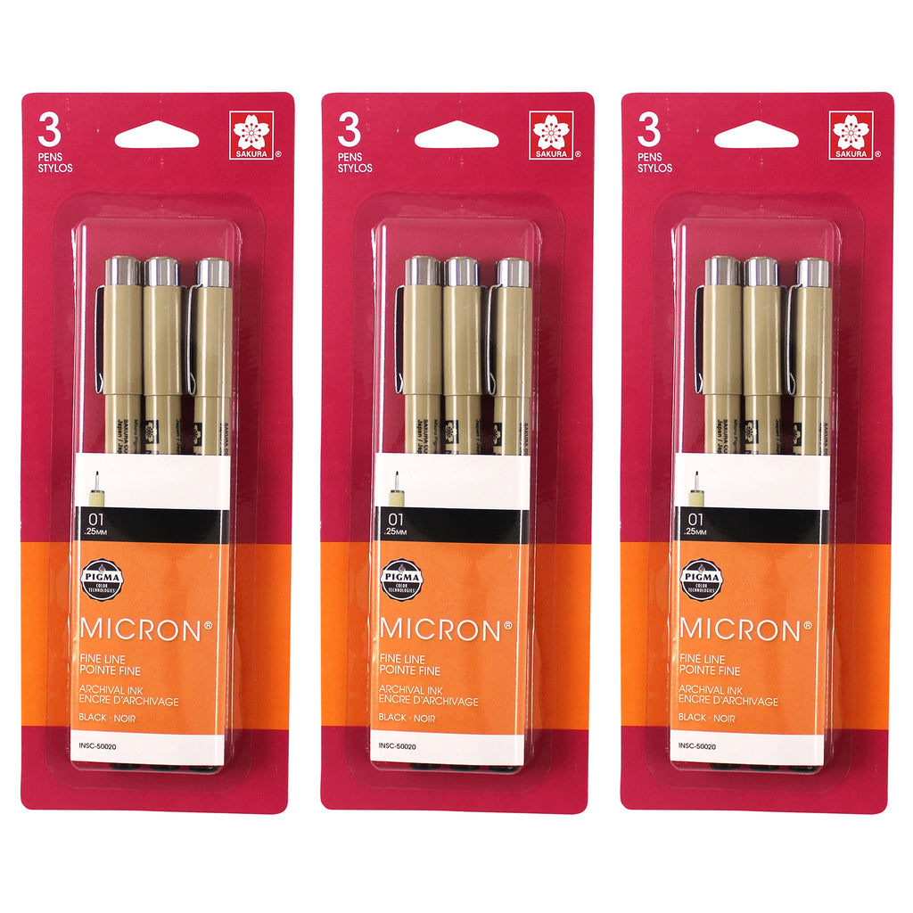 Pigma Micron Pens, Size 01 Fine Point, Black, 3 Per Set, 3 Sets