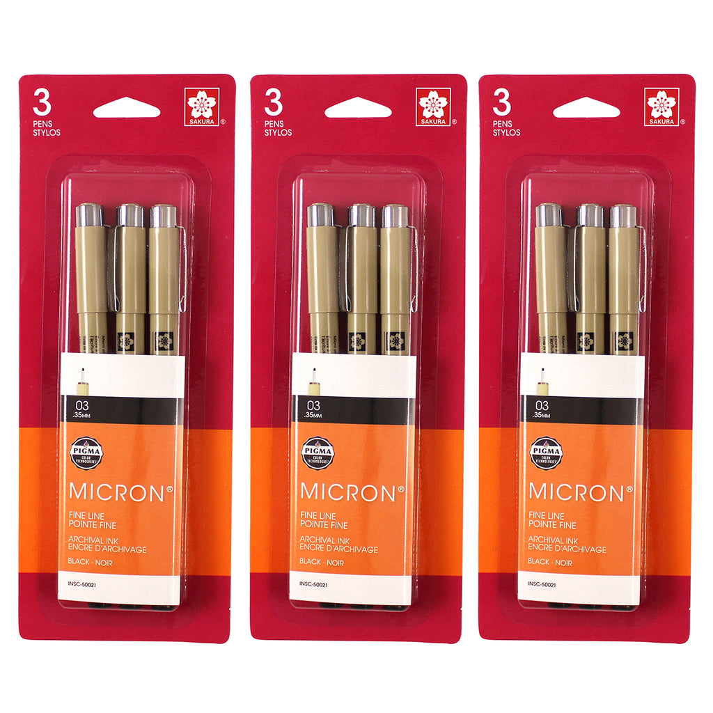 Pigma Micron Pens, Size 03 Fine Point, Black, 3 Per Set, 3 Sets