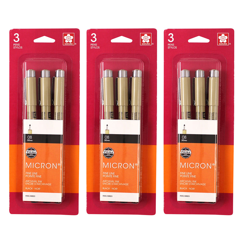 Pigma Micron Pens, Size 08 Fine Point, Black, 3 Per Set, 3 Sets