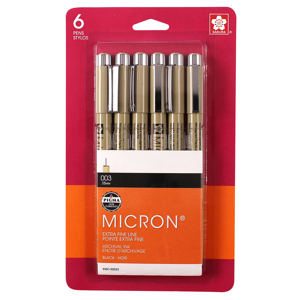 Pigma Micron Pens, Black, Size 003, 6-Pack, Blister Card