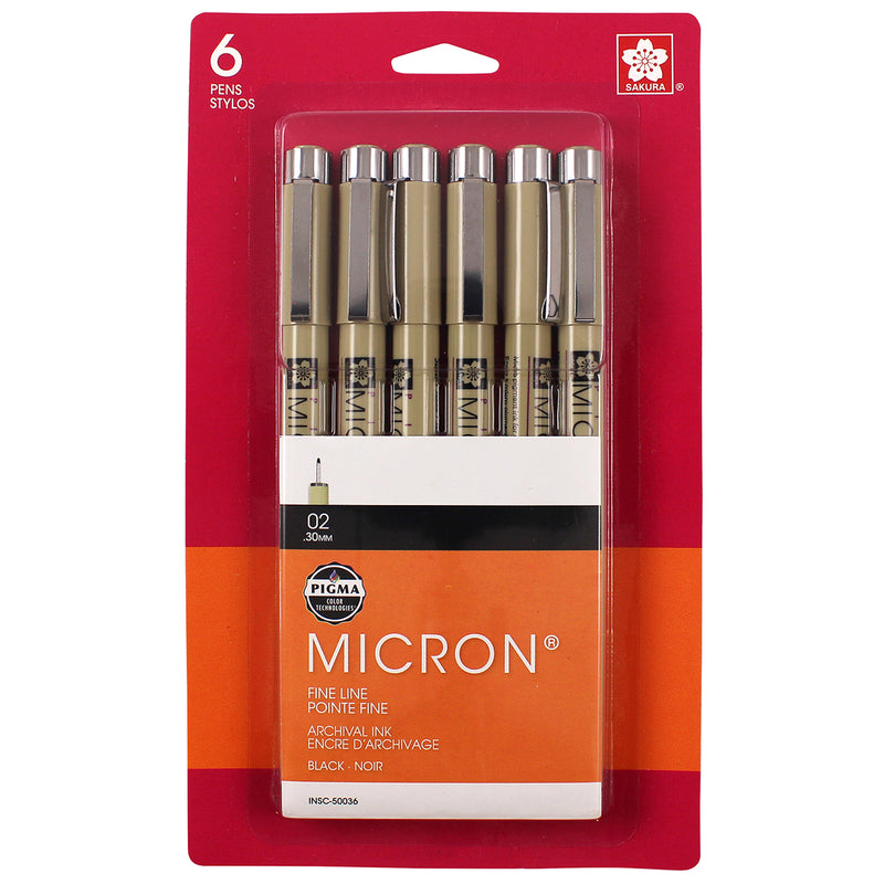 Pigma Micron Pens, Black, Size 02, 6-Pack, Blister Card