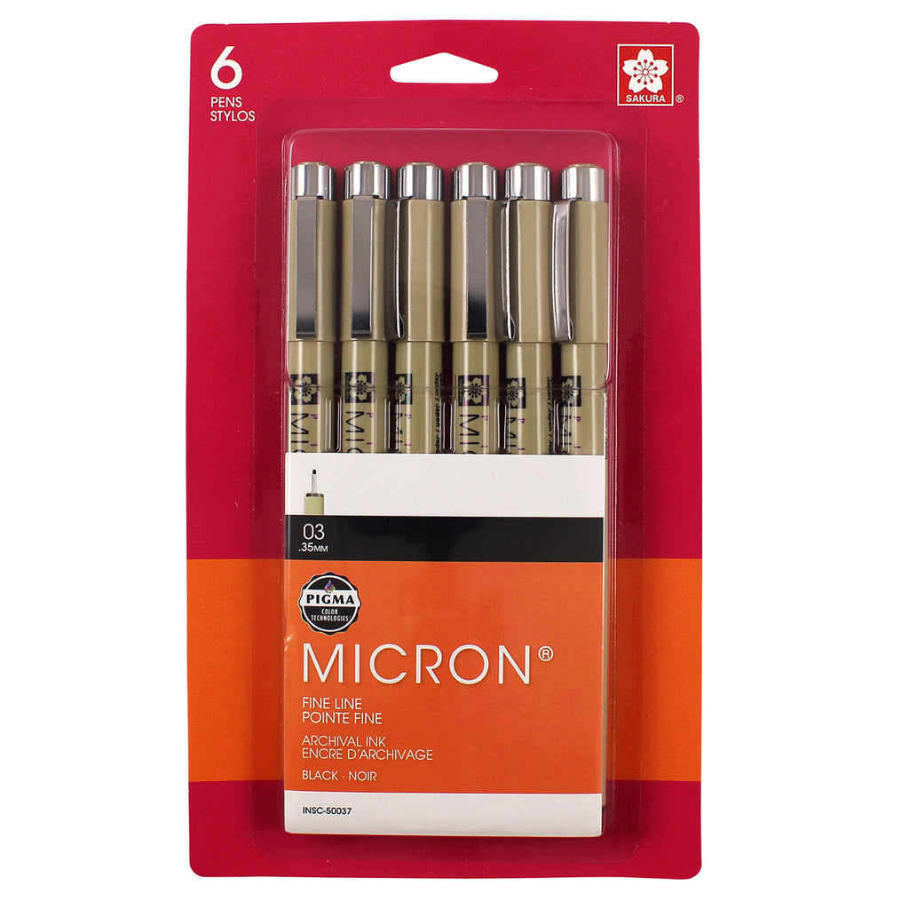 Pigma Micron Pens, Black, Size 03, 6-Pack, Blister Card