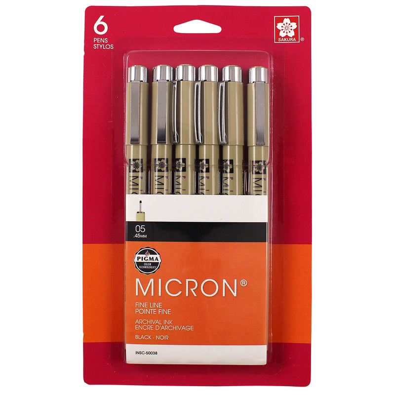 Pigma Micron Pens, Black, Size 05, 6-Pack, Blister Card