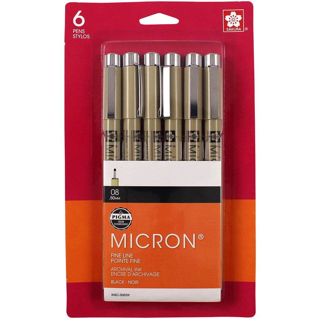Pigma Micron Pens, Black, Size 08, 6-Pack, Blister Card