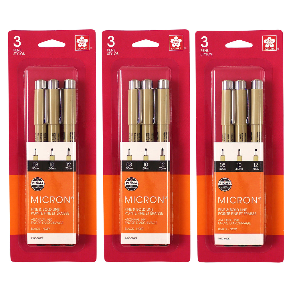 Pigma Micron Pens, Black, Assorted Sizes, 3 Per Set, 3 Sets