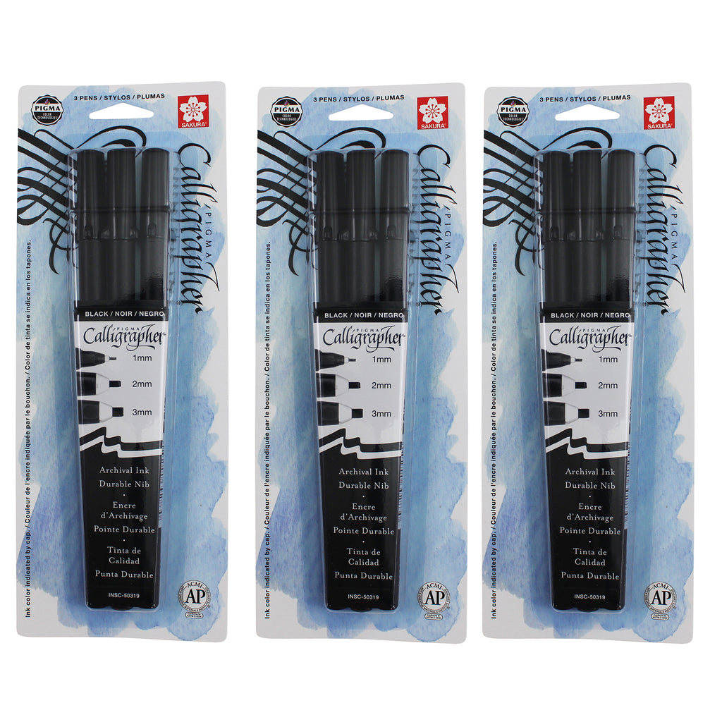 Pigma Calligrapher, Black, Assorted Sizes, 3 Per Set, 3 Sets