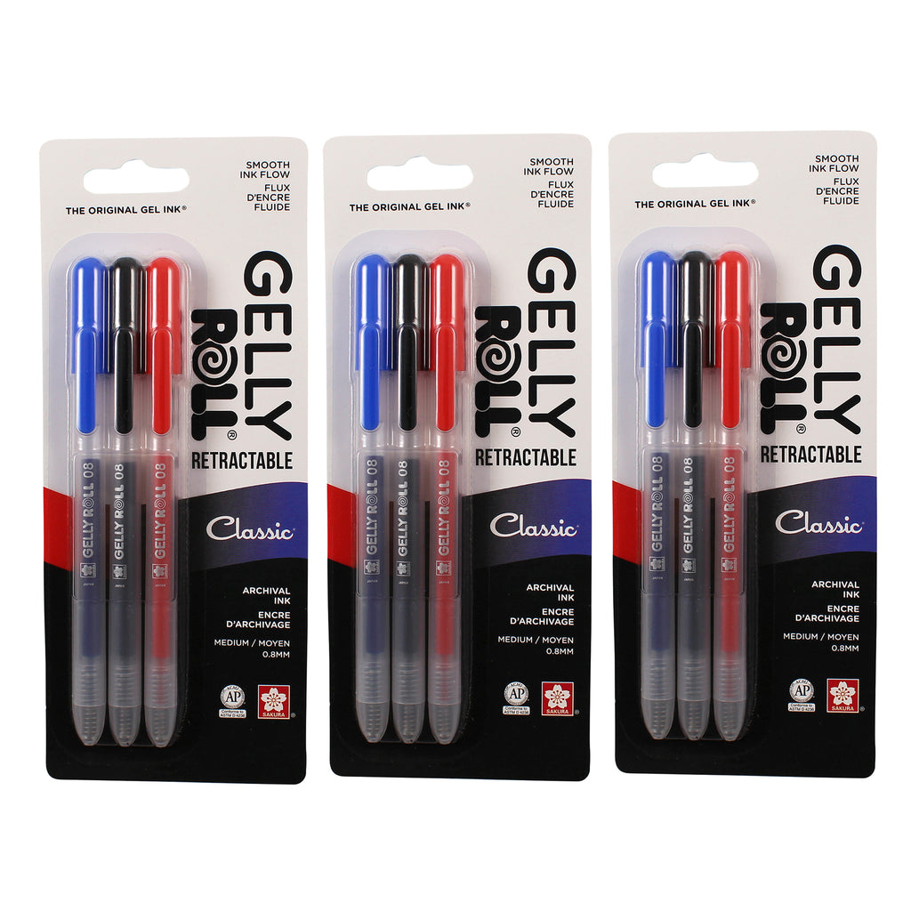 Retractable Classic Gel Pens, 08 Medium Point, Assorted Colors, 3 Per Set, 3 Sets