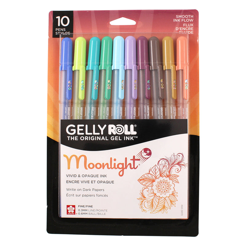 Moonlight Gel Pens, Fine Point, Assorted Colors, 10-Piece Set, Blister Card