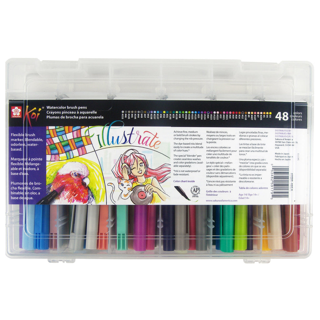 Koi Watercolor Brush Pens, Assorted Colors, 48-Piece Set with Reusable Storage Case