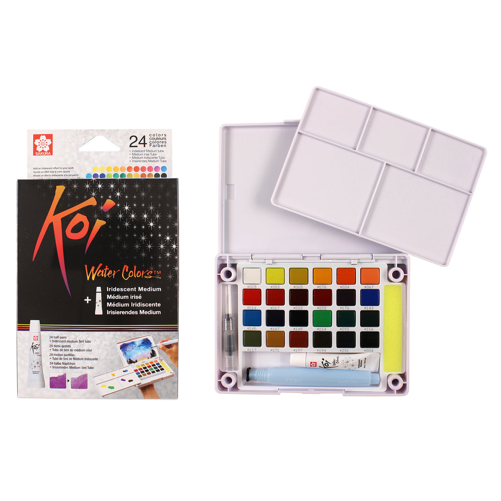Koi Water Colors Field Sketch Box with Brush, 24 Colors & 5mL Iridescent Medium