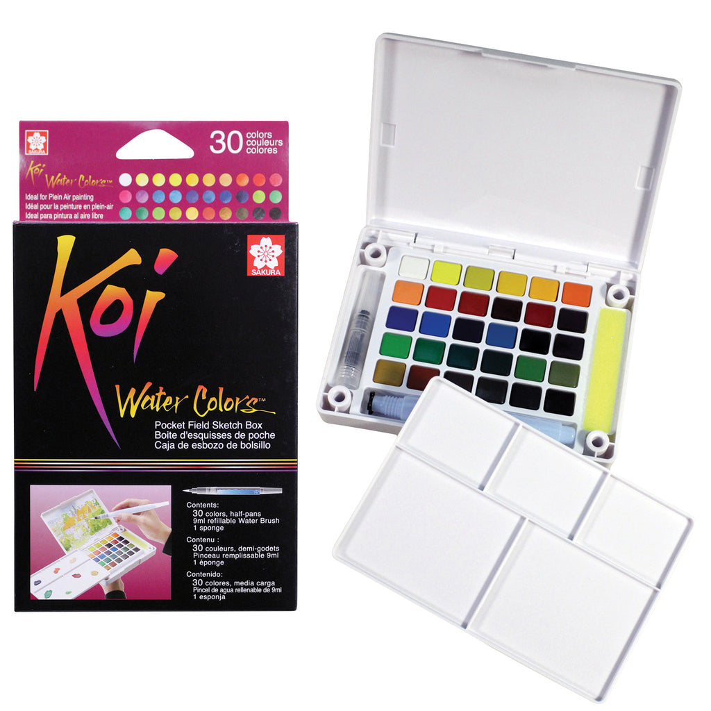 Koi Water Colors Field Sketch Box with Brush, 30 Colors