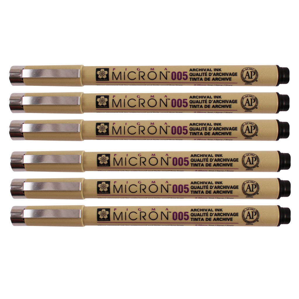 Pigma Micron Pen, Black, 0.20mm Size 005, Pack of 6